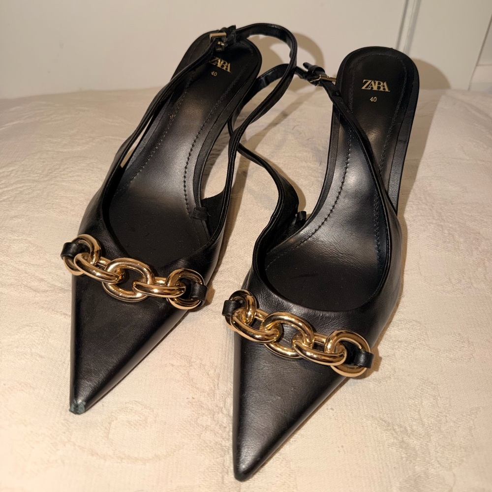 Zara Black Slingback Pointed Heels with Gold Chain Accent
